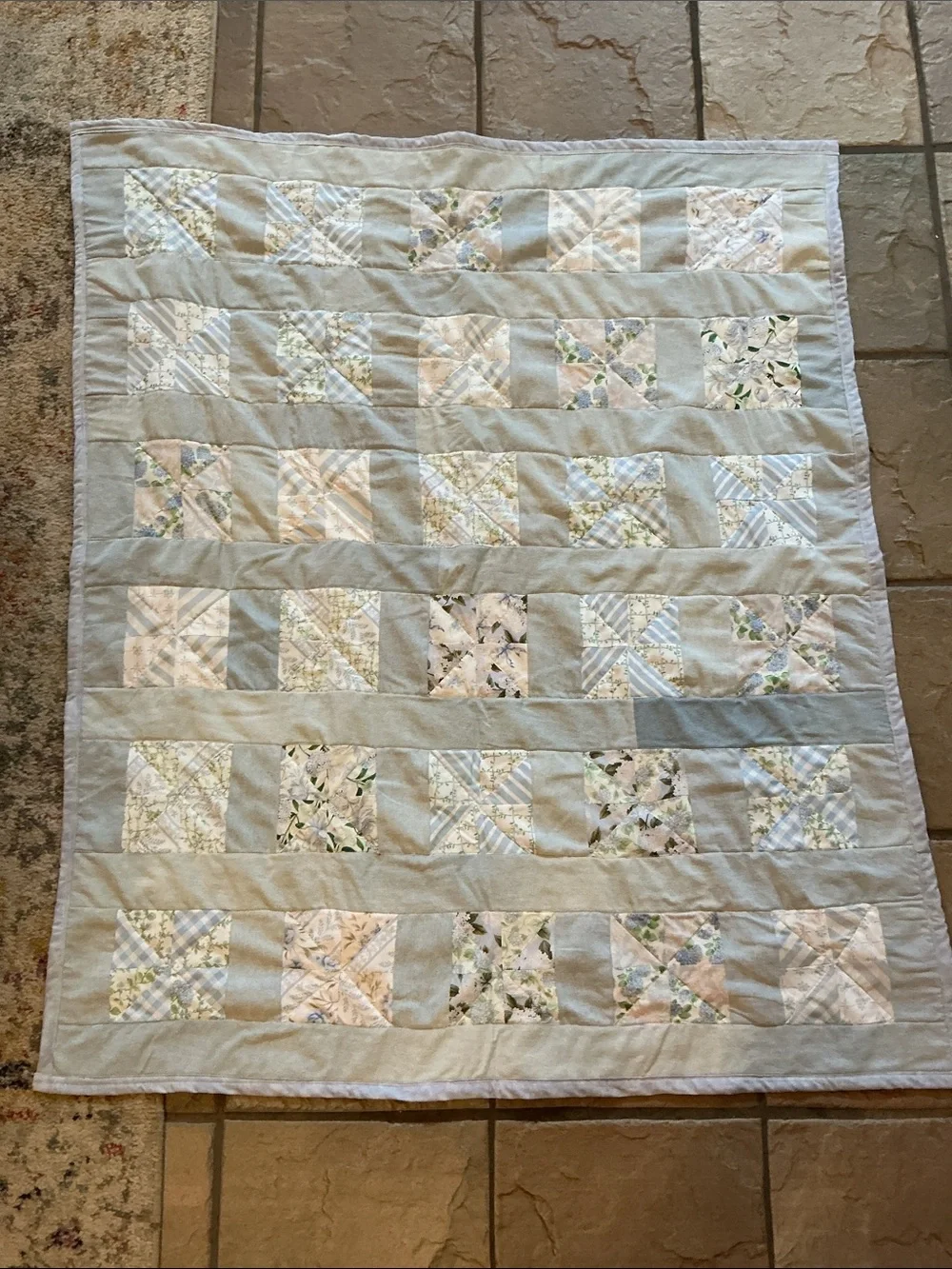 Handmade Light Blue Patchwork Quilt - Soft Floral & Stripe Design